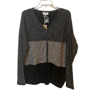 Acoa Knit Sweater Womens Large Colorblock Black Gray Metallic Relaxed Gathered F
